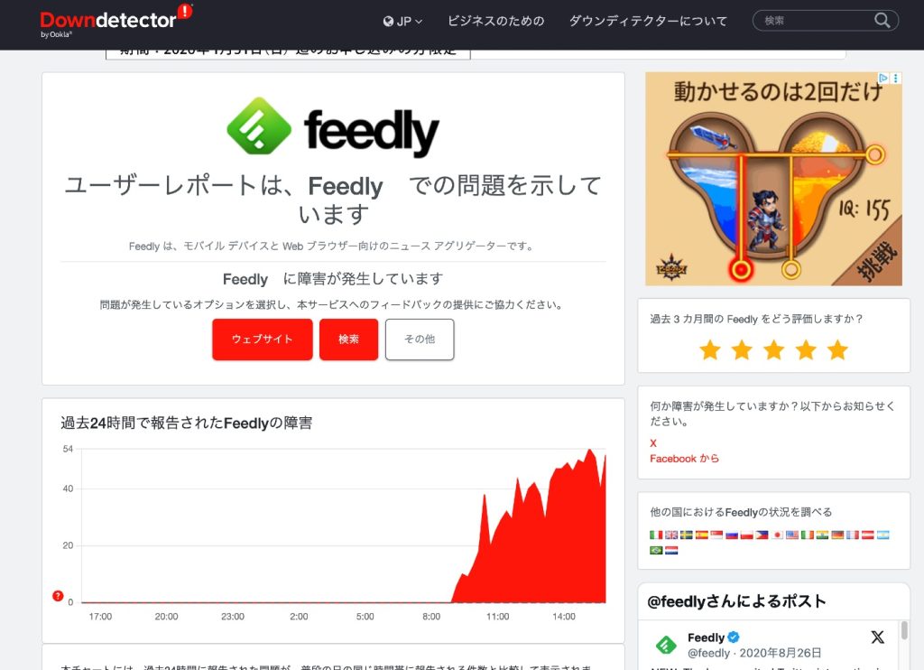 Feedlyで障害発生中!X(Twitter)やGoogle、AWSなど各サービスの障害状況がわかる「Downdetector(ダウンディテクター)」